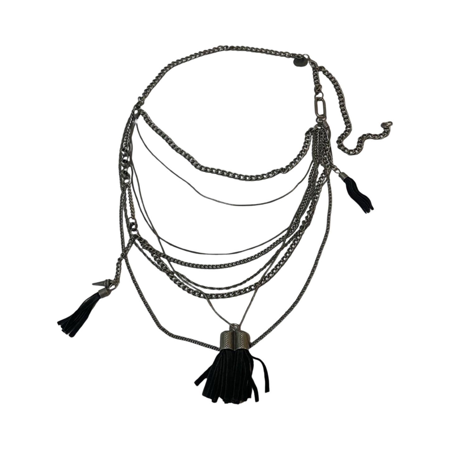 Sautoir silver and suede necklace.