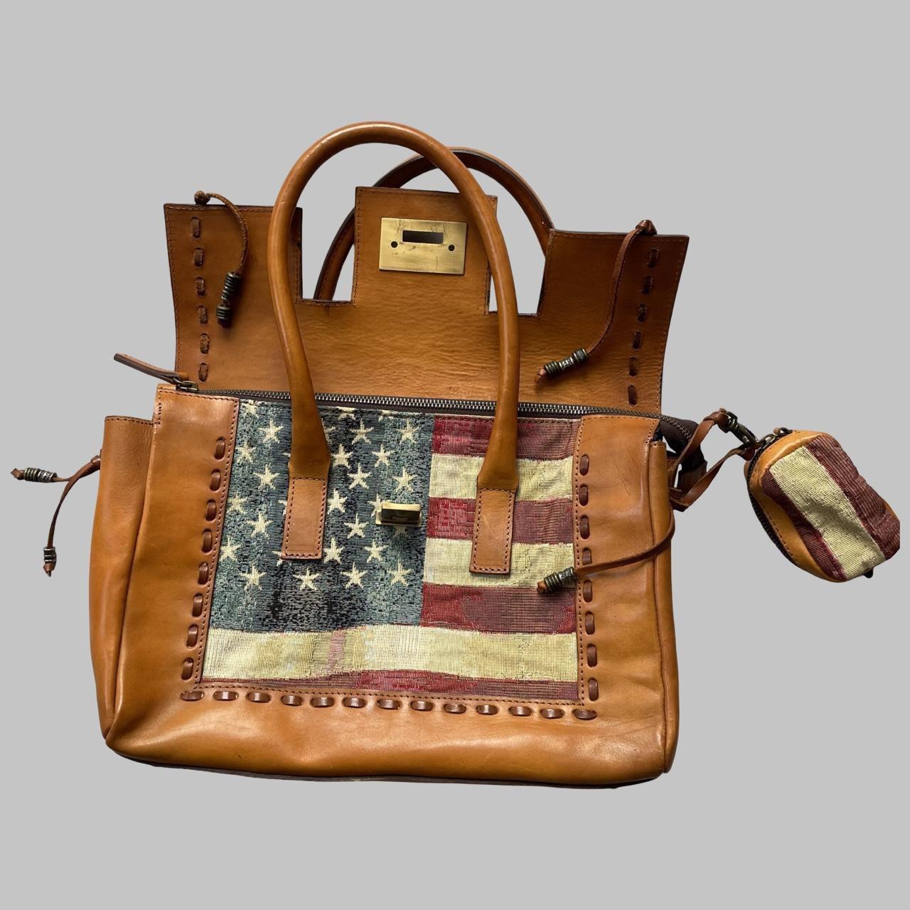 Italian leather birkin shape handbag with American flag tapestry.