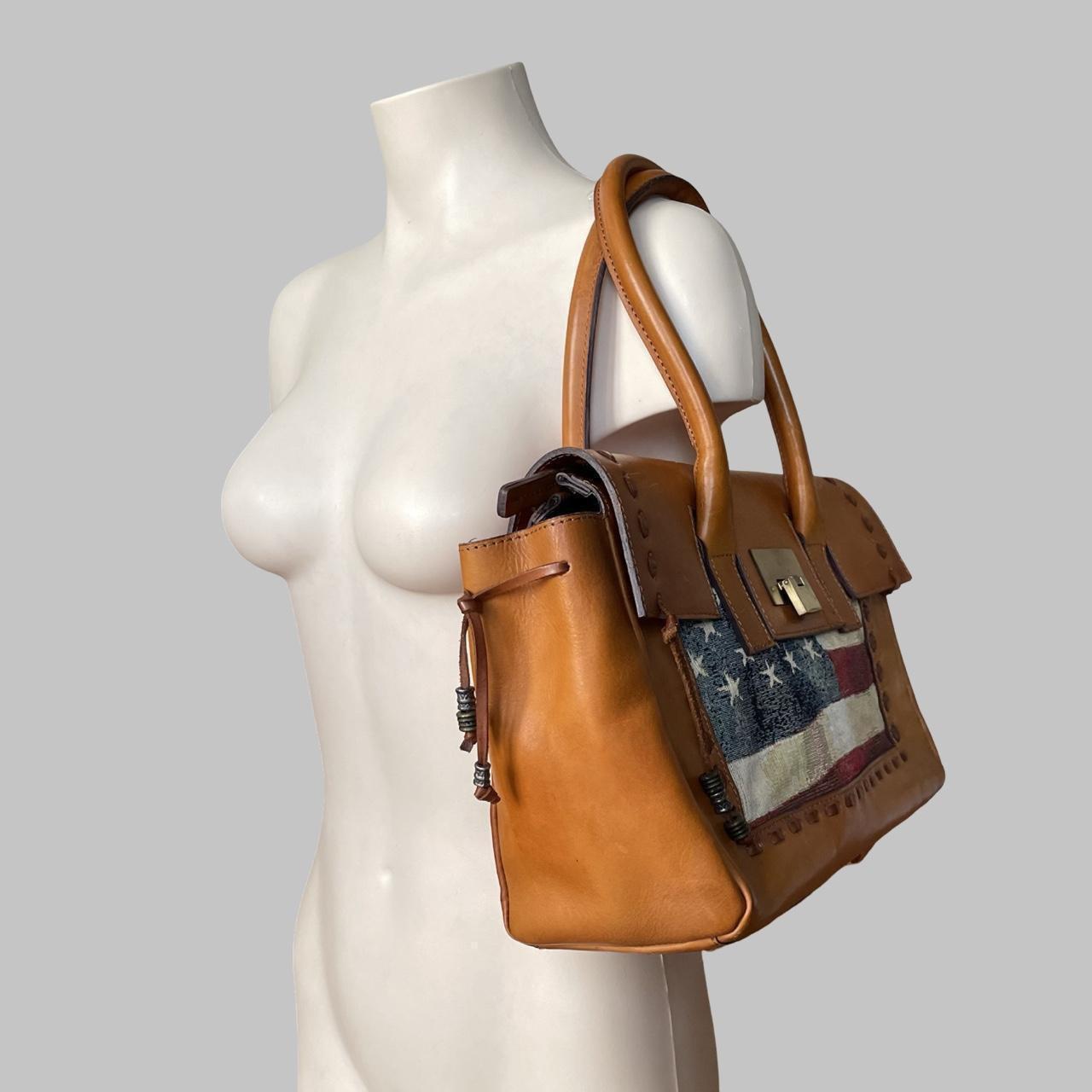 Italian leather birkin shape handbag with American flag tapestry.