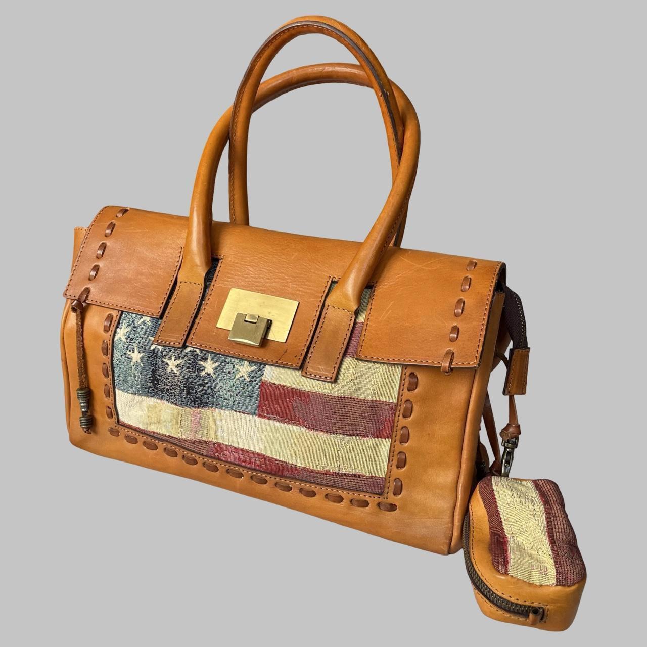 Italian leather birkin shape handbag with American flag tapestry.