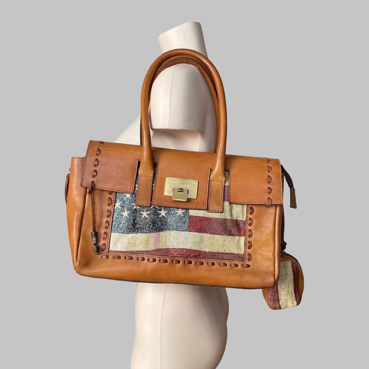 Italian leather birkin shape handbag with American flag tapestry.