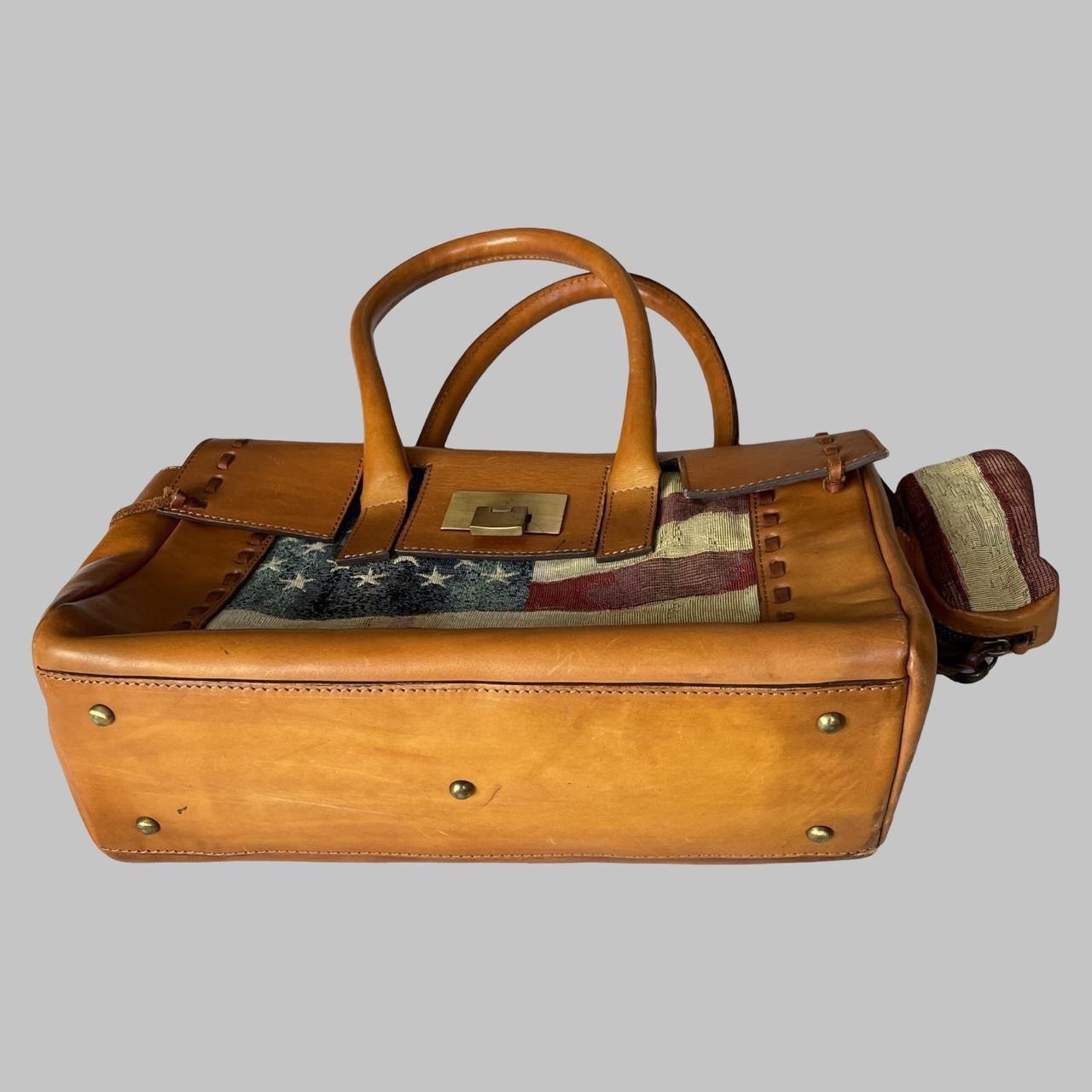 Italian leather birkin shape handbag with American flag tapestry.
