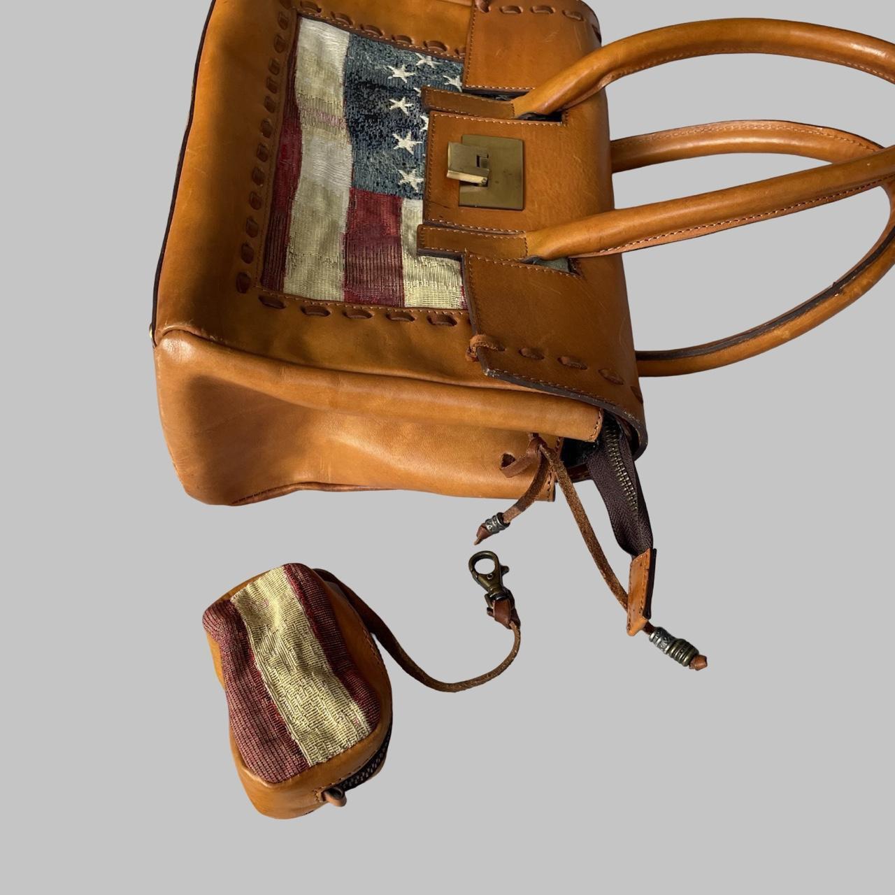 Italian leather birkin shape handbag with American flag tapestry.