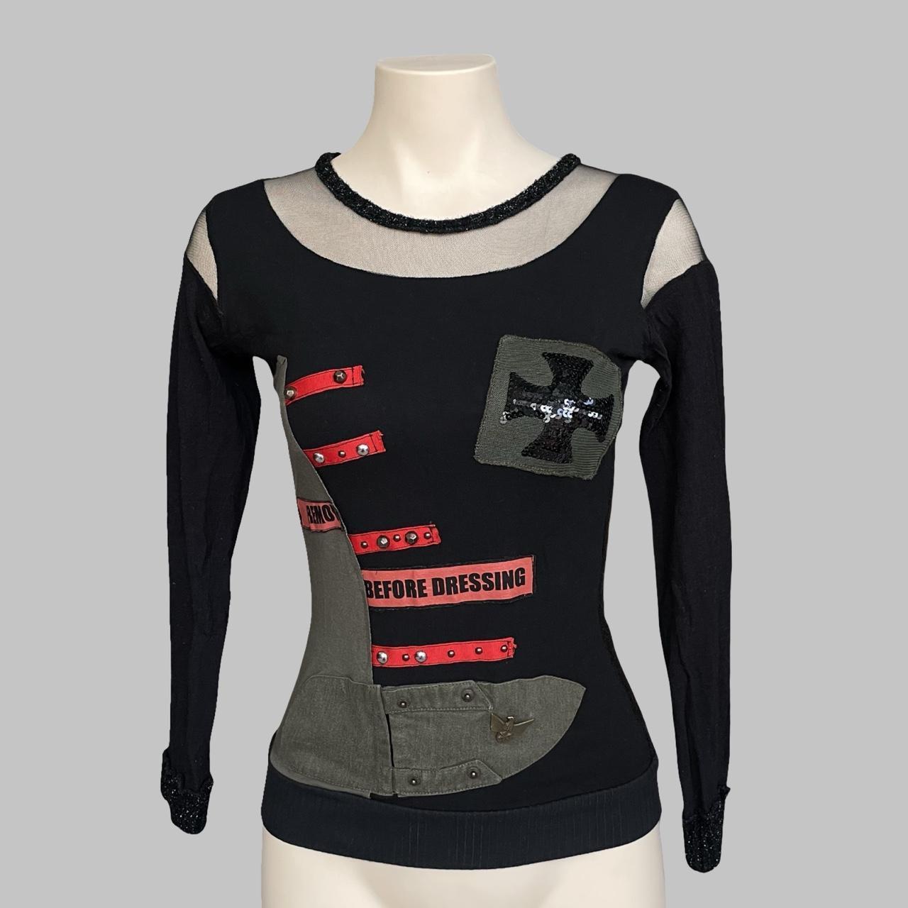 Italian multi-fabric long sleeve khaki and black top.