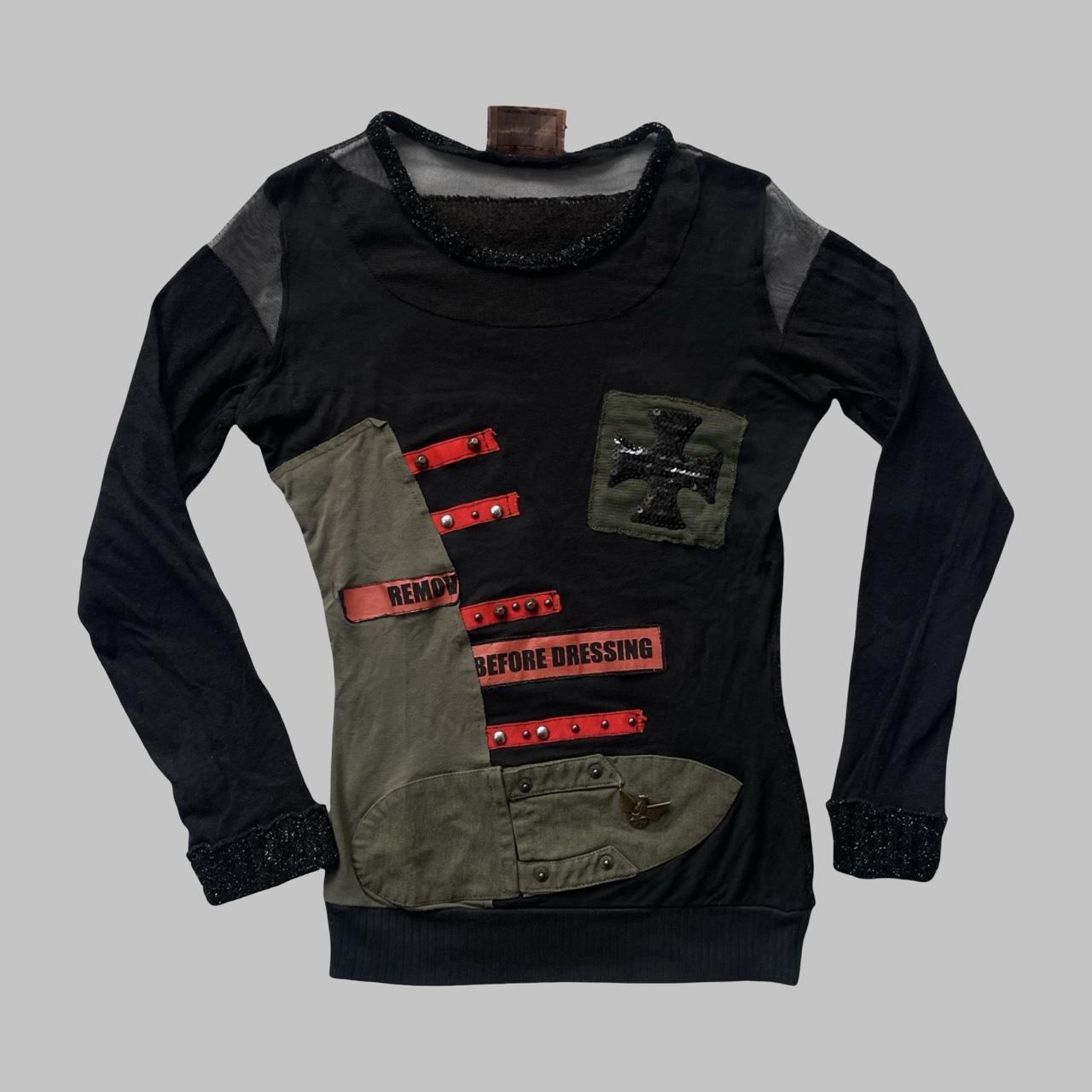 Italian multi-fabric long sleeve khaki and black top.
