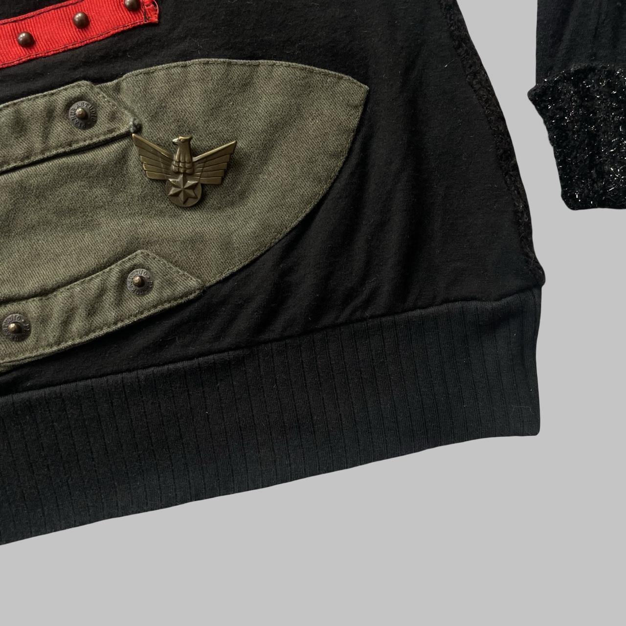 Italian multi-fabric long sleeve khaki and black top.