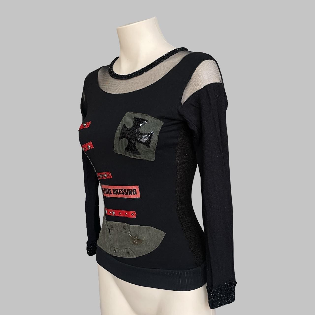 Italian multi-fabric long sleeve khaki and black top.