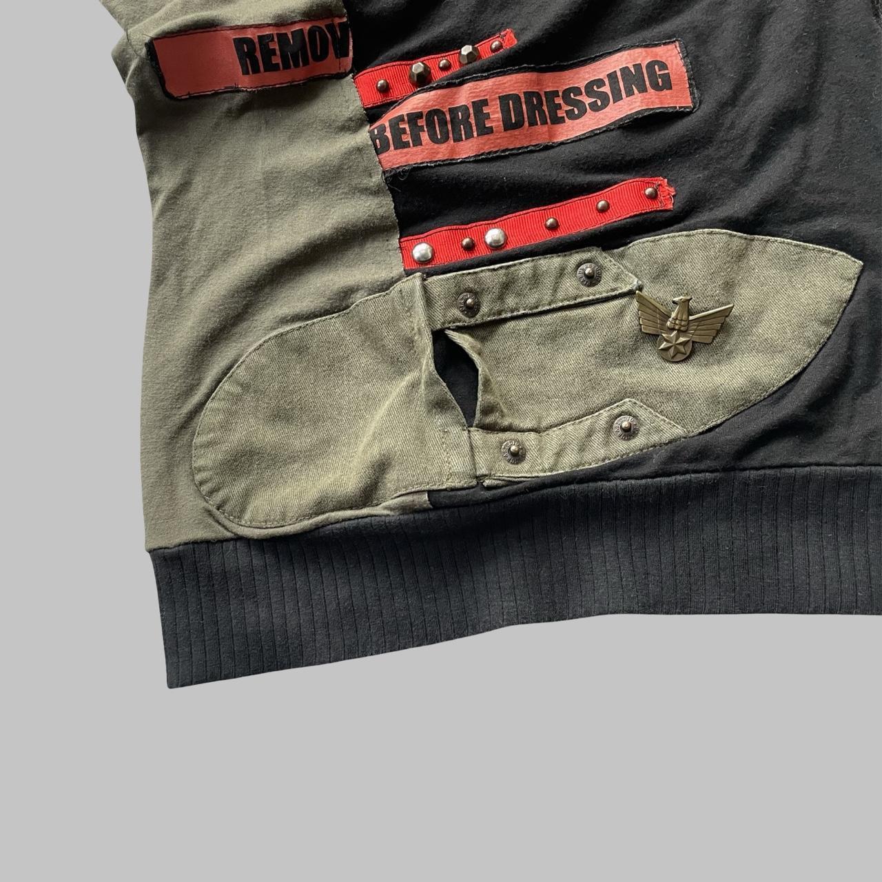 Italian multi-fabric long sleeve khaki and black top.