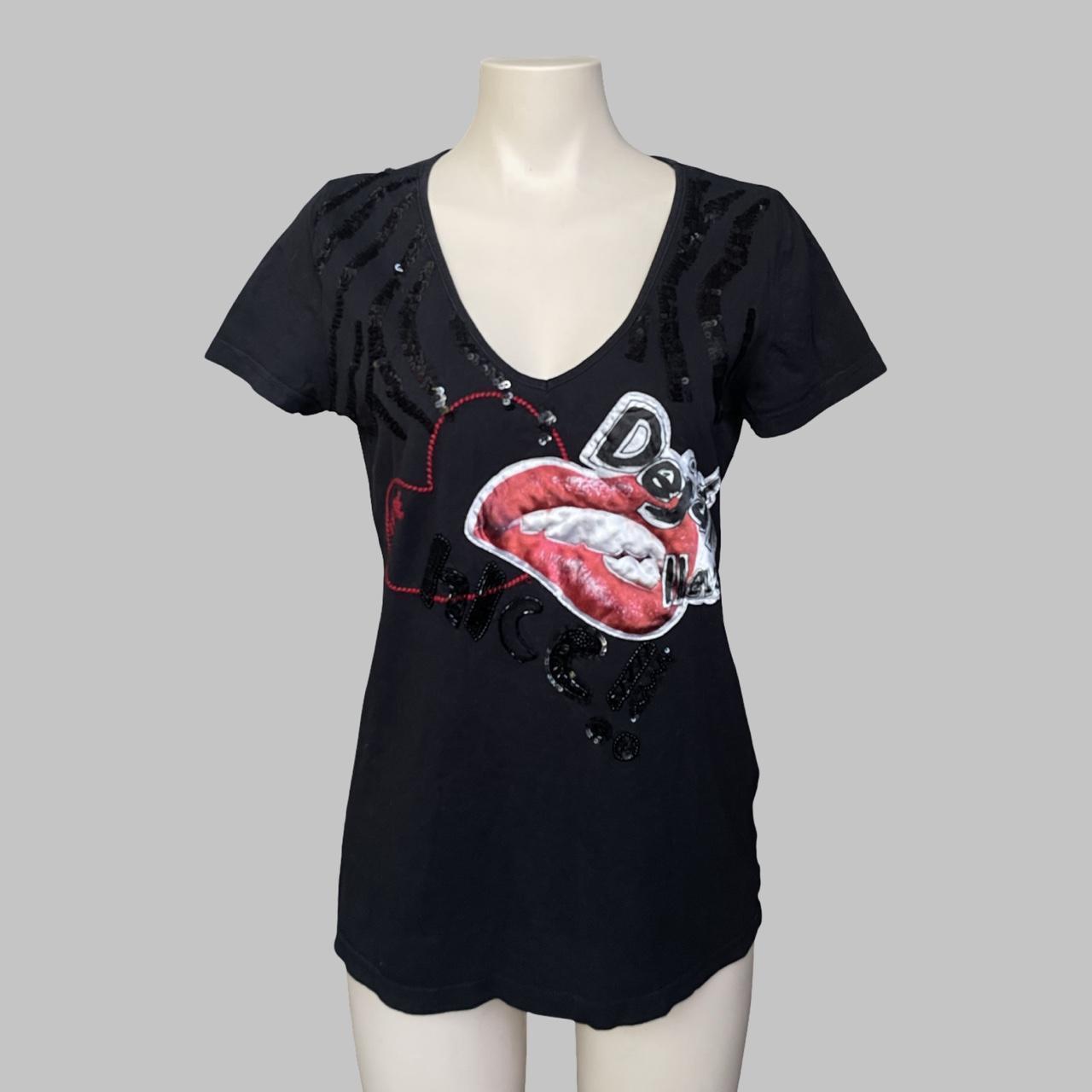 Desigual black t-shirt top with mouth graphic and sequins.