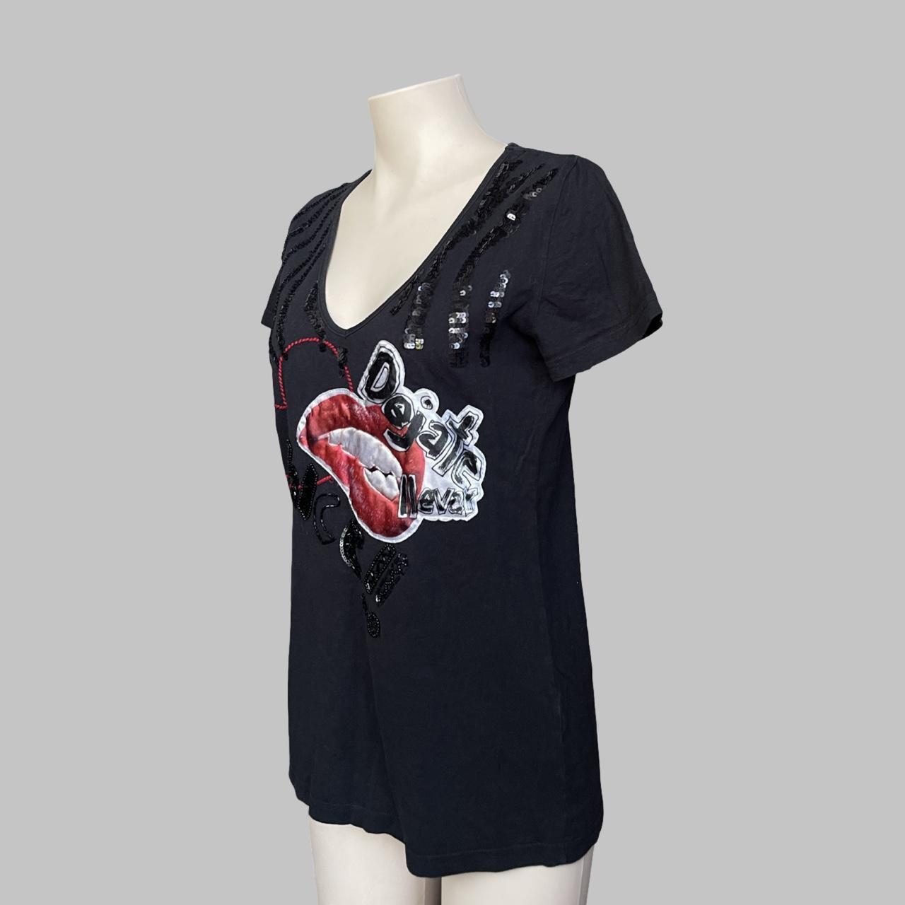 Desigual black t-shirt top with mouth graphic and sequins.