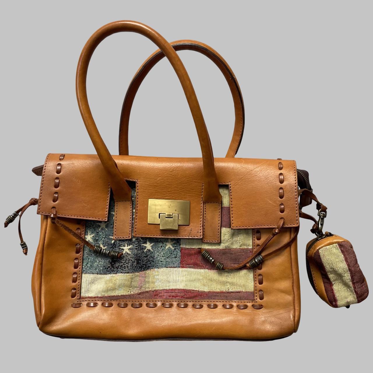 Italian leather birkin shape handbag with American flag tapestry.