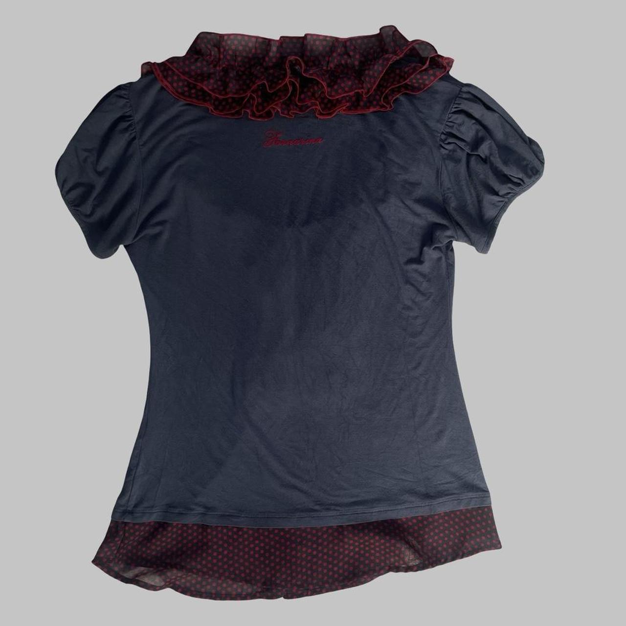 Italian blue and burgundy polka dot ruffle top.
