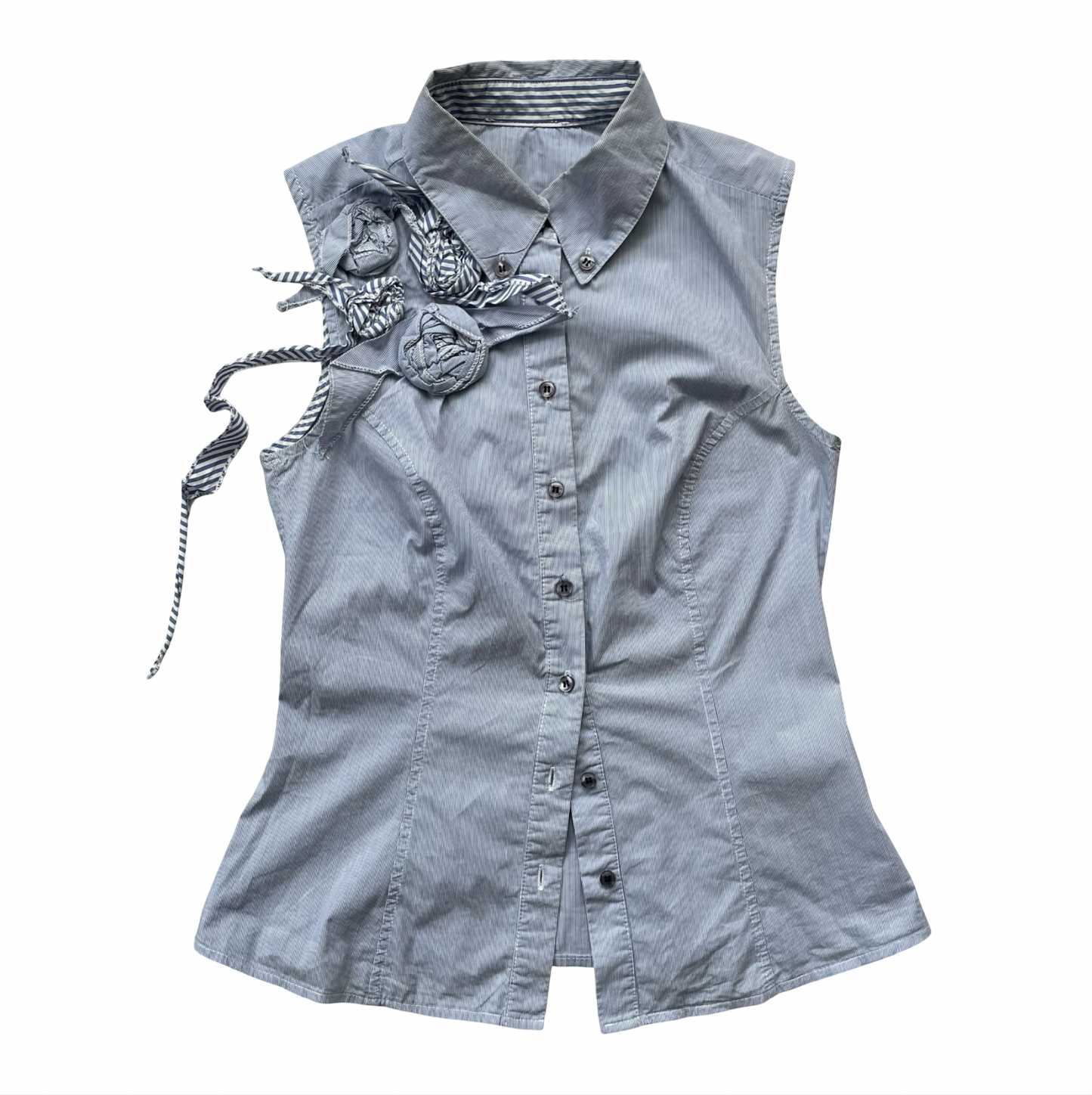 Blue striped textured sleeveless shirt.