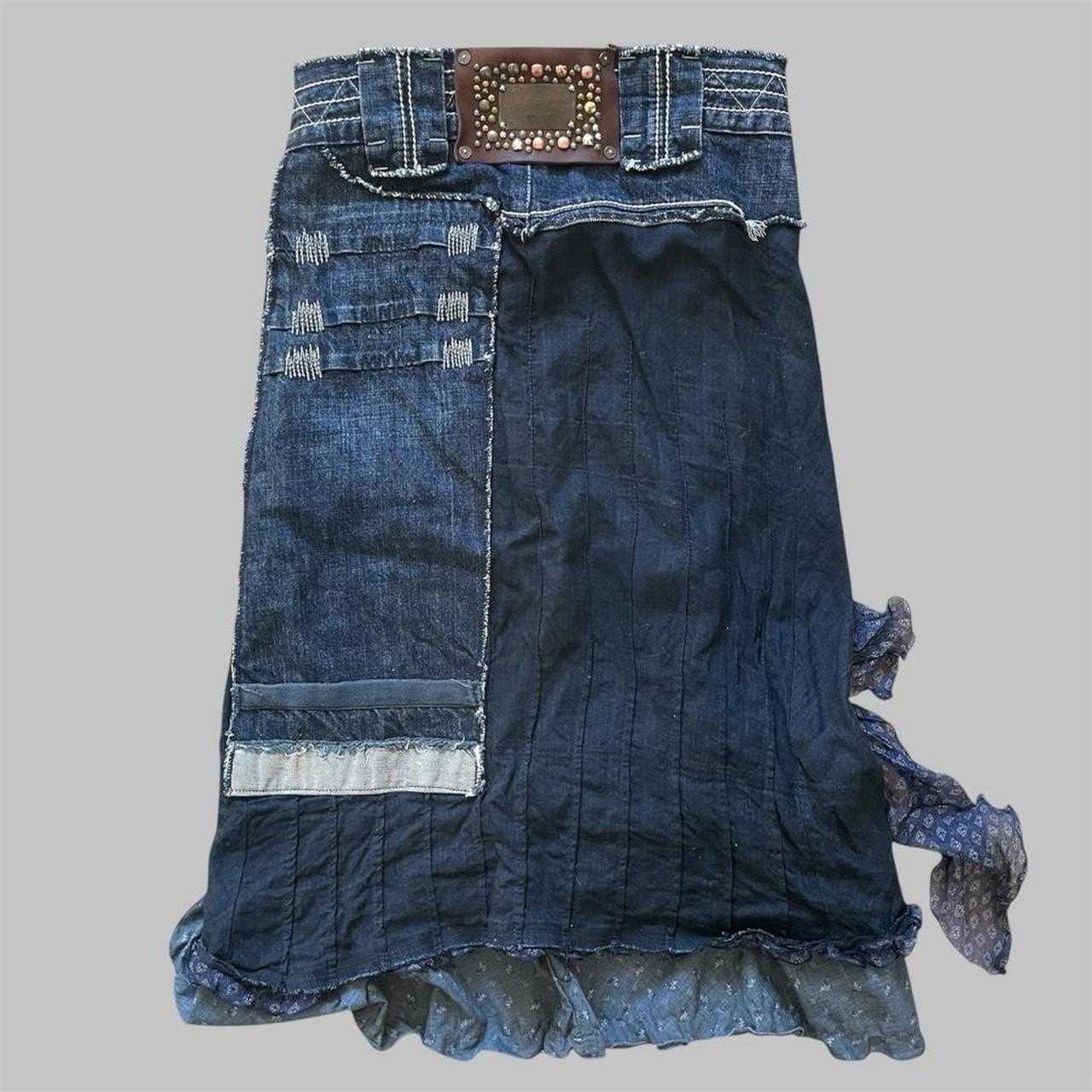 Italian bi-material denim midi skirt.