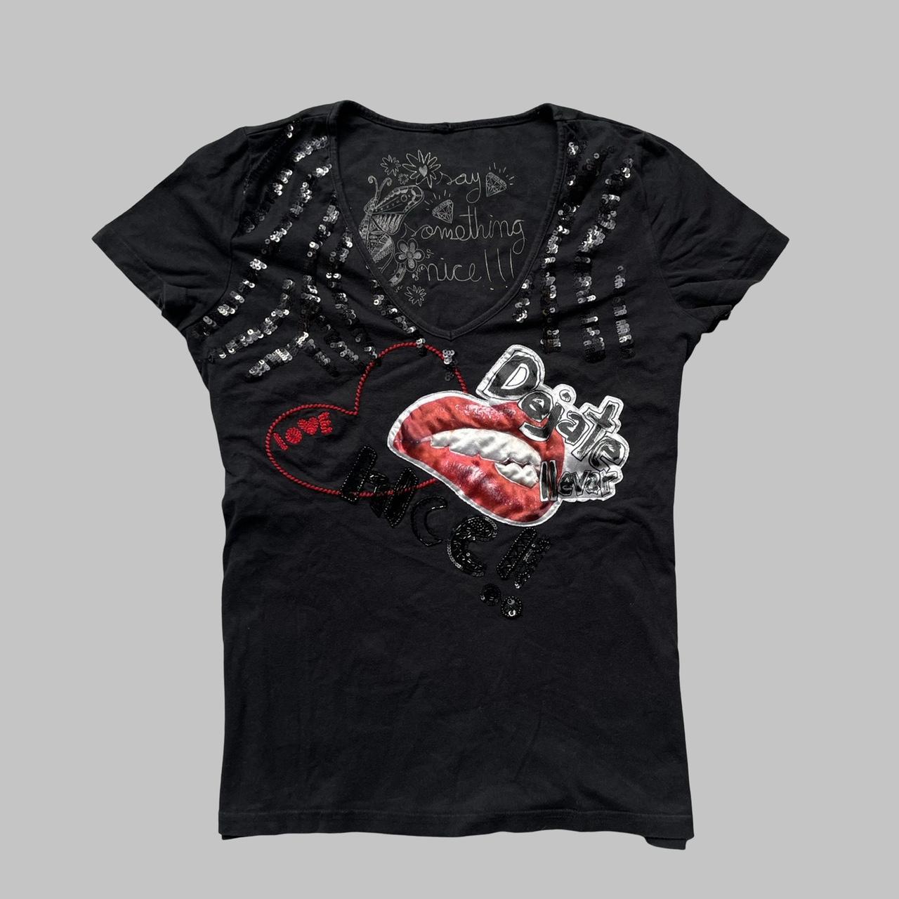 Desigual black t-shirt top with mouth graphic and sequins.