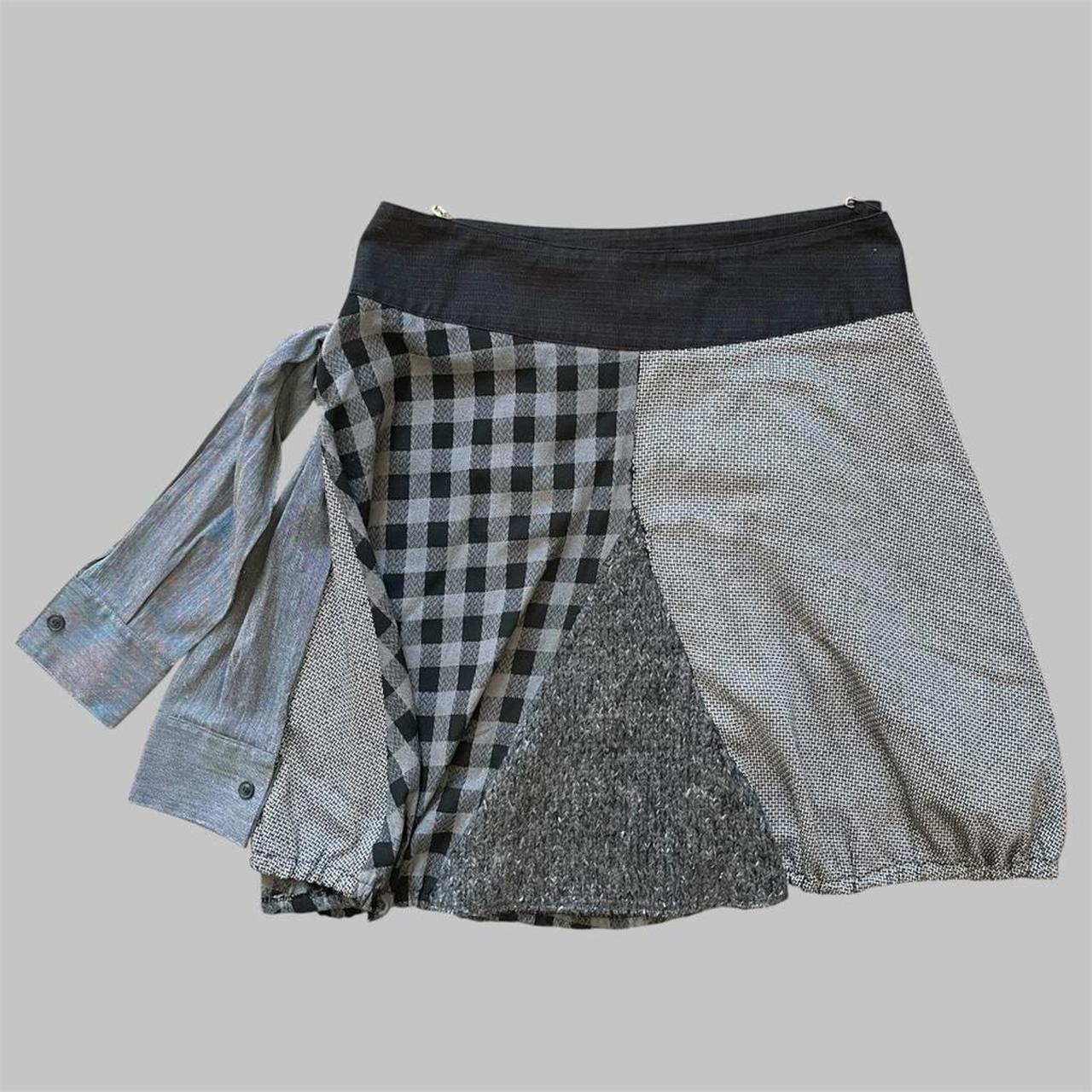 Italian multi-fabric trompe-l’œil wrap skirt.