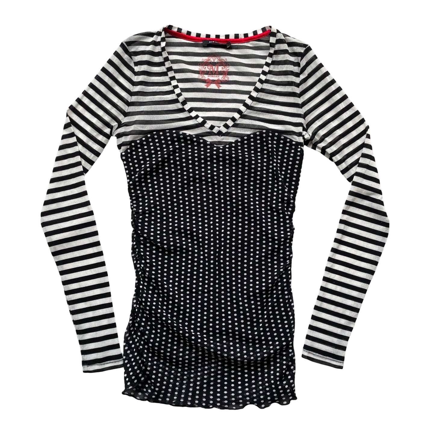 Black & white polkadots and stripes shirt.