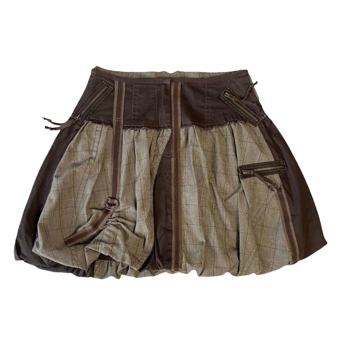 Multi-material brown bubble skirt.