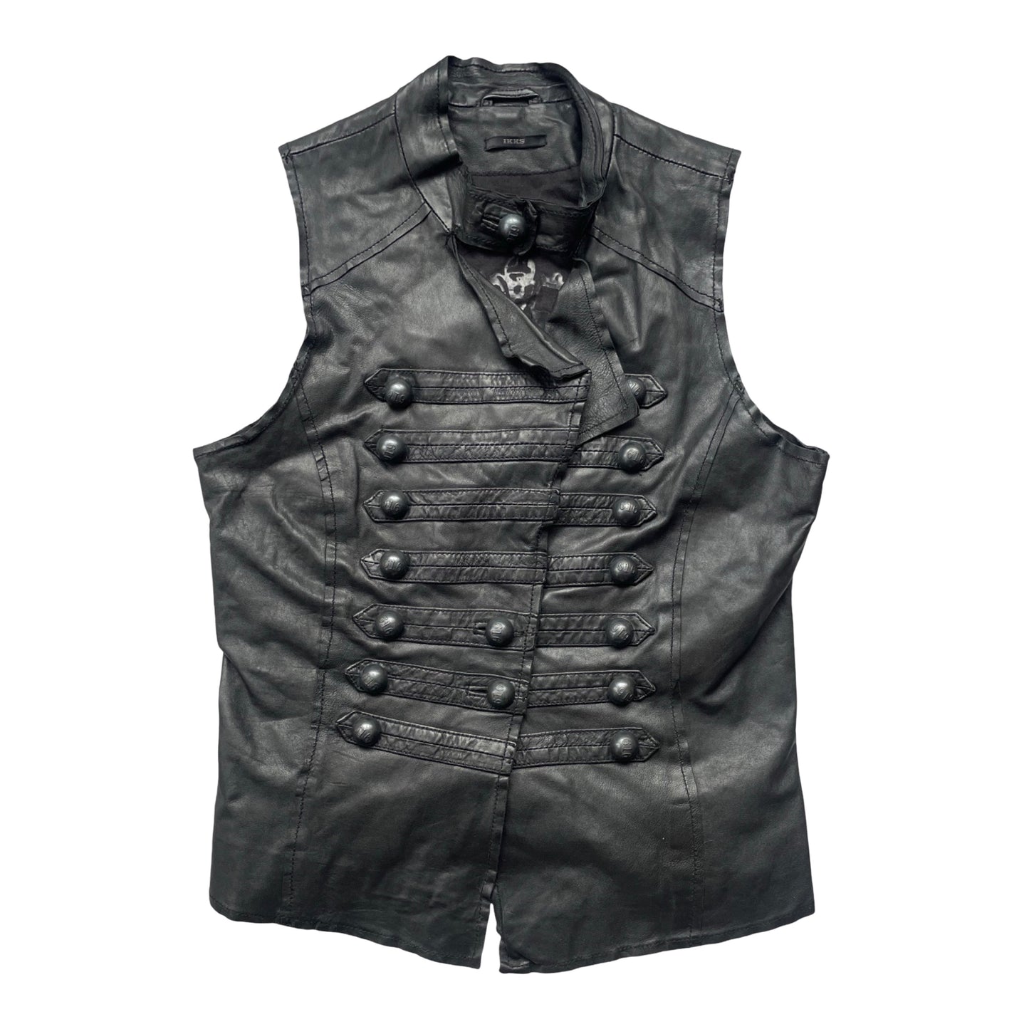 Sleeveless black leather officer jacket.