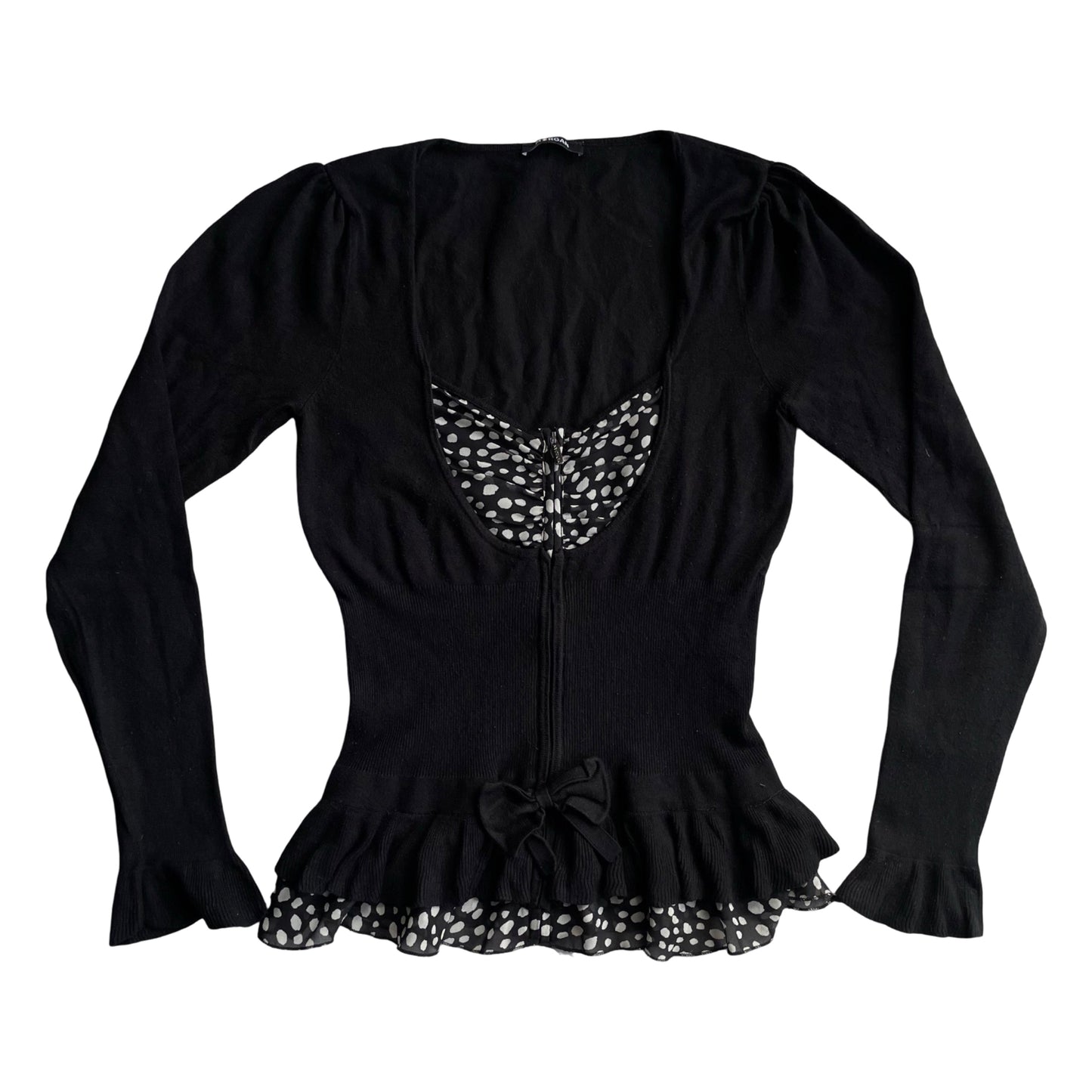 Bi-material zip up black blouse with polkadots.