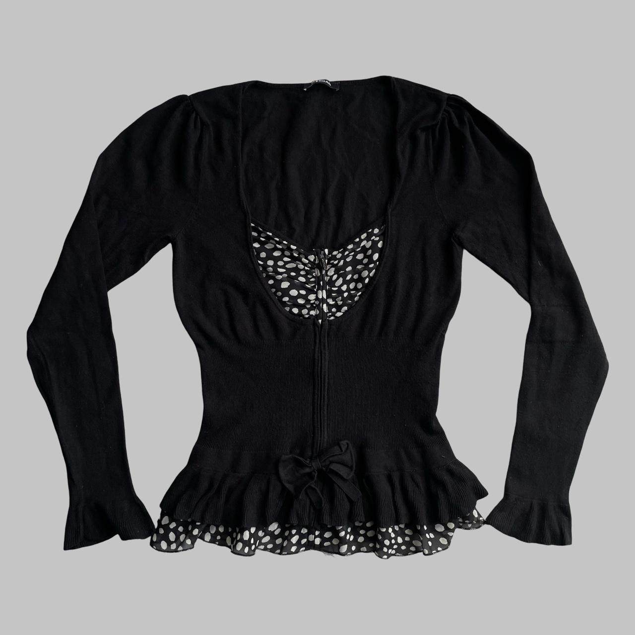 Bi-material zip up black blouse with polkadots.
