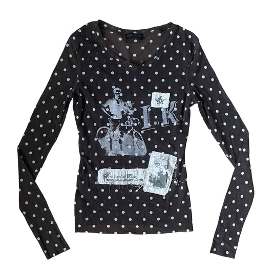 Brown polka dot mesh top.