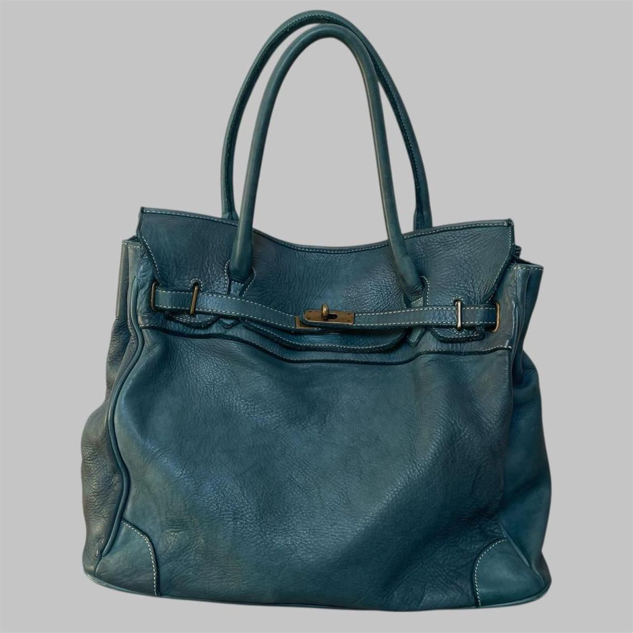 SOLD - Large blue leather Firkin bag.
