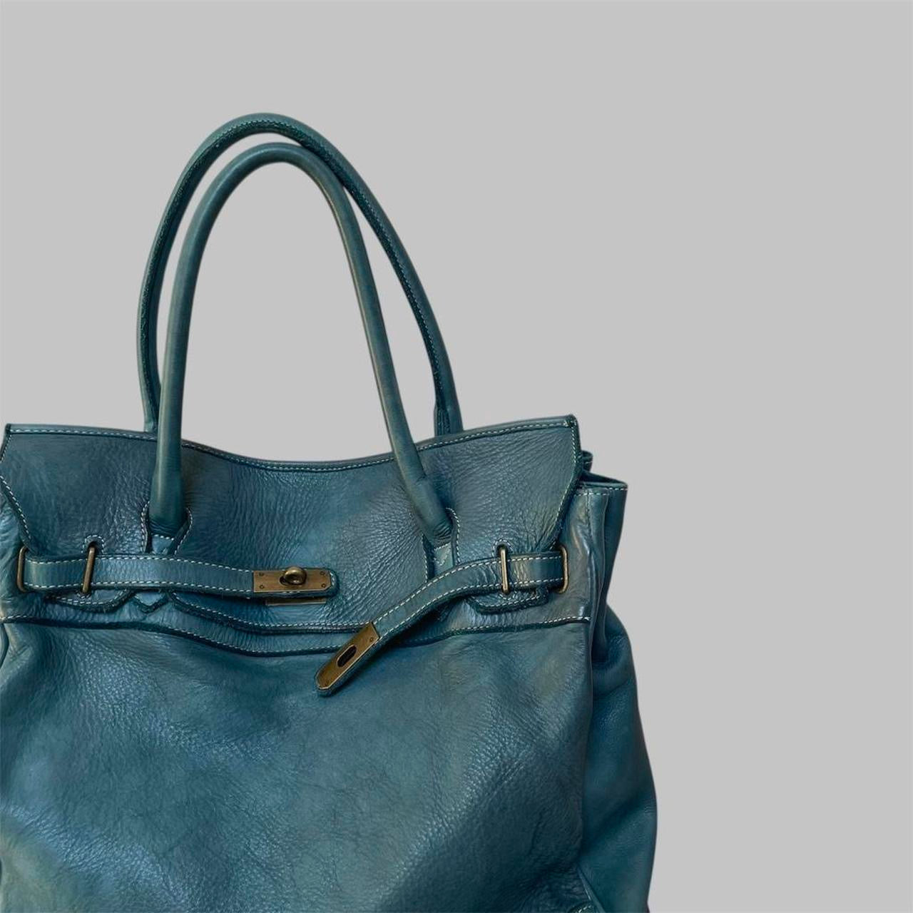 SOLD - Large blue leather Firkin bag.