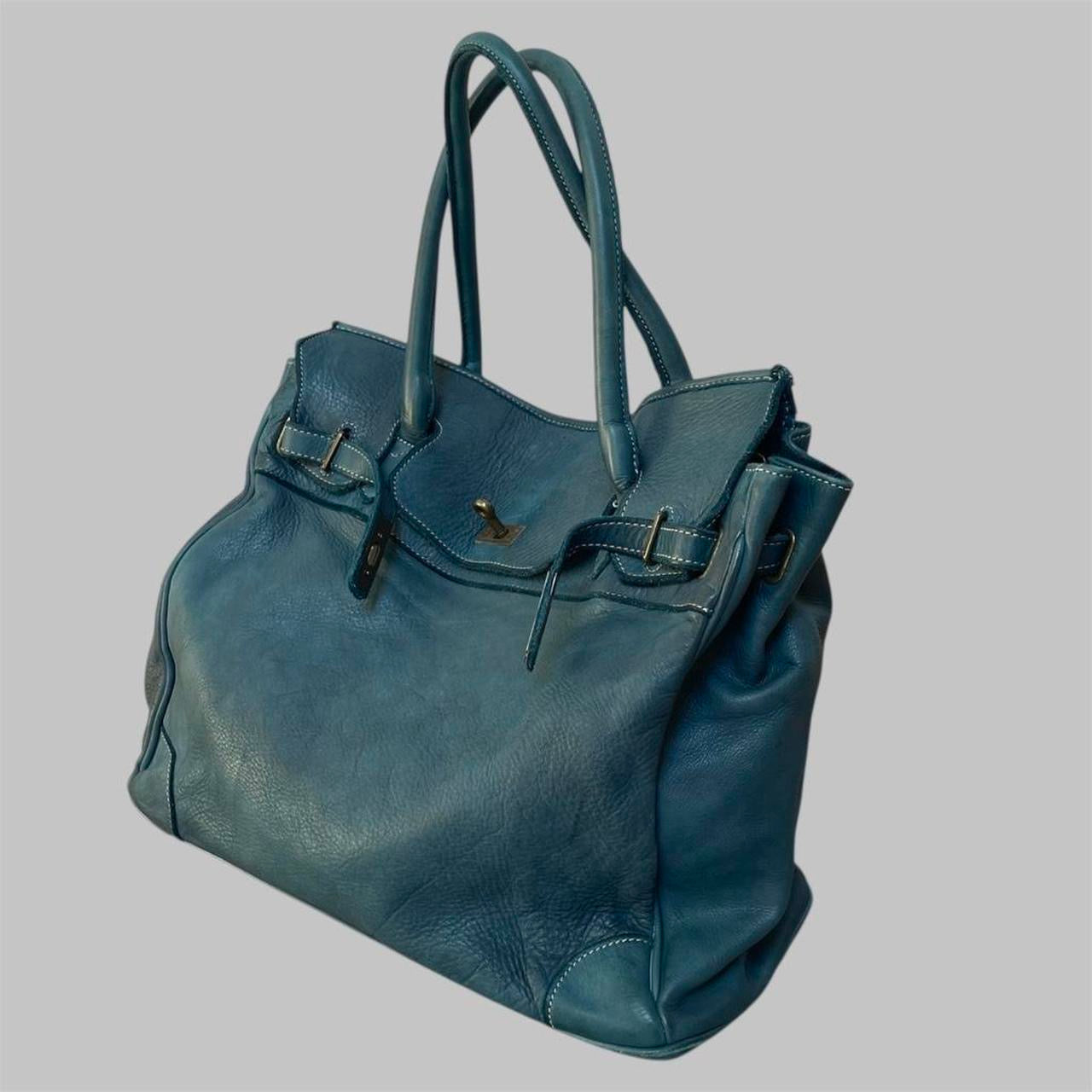 SOLD - Large blue leather Firkin bag.