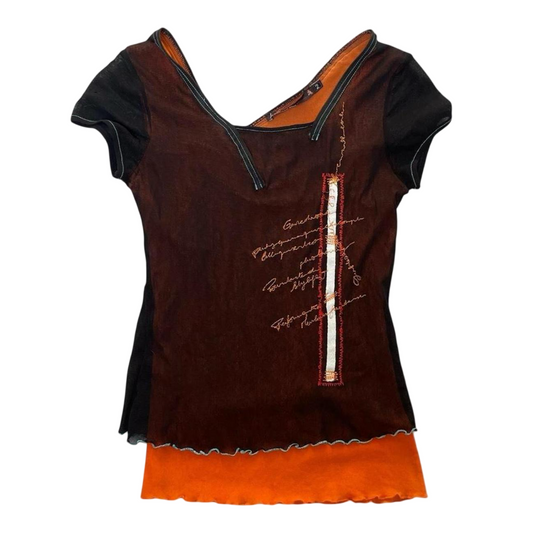 French black and orange mesh two-way top.