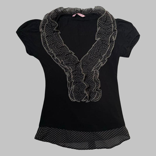 Italian black polka dot ruffle top.
