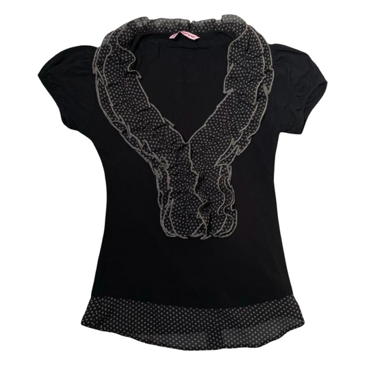 Italian black polka dot ruffle top.