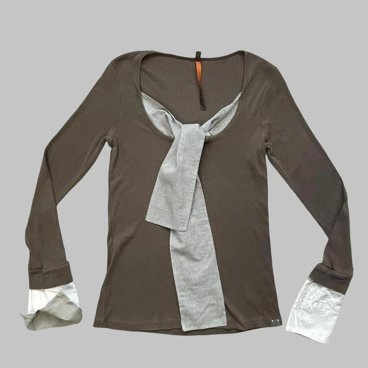 Cop copine khaki taupe blouse cotton shirt with integrated scarf.