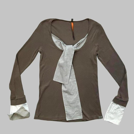 Cop copine khaki taupe blouse cotton shirt with integrated scarf.