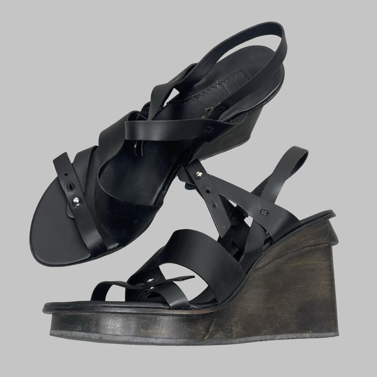 Marithé + François Girbaud black leather wooden wedge sandals.