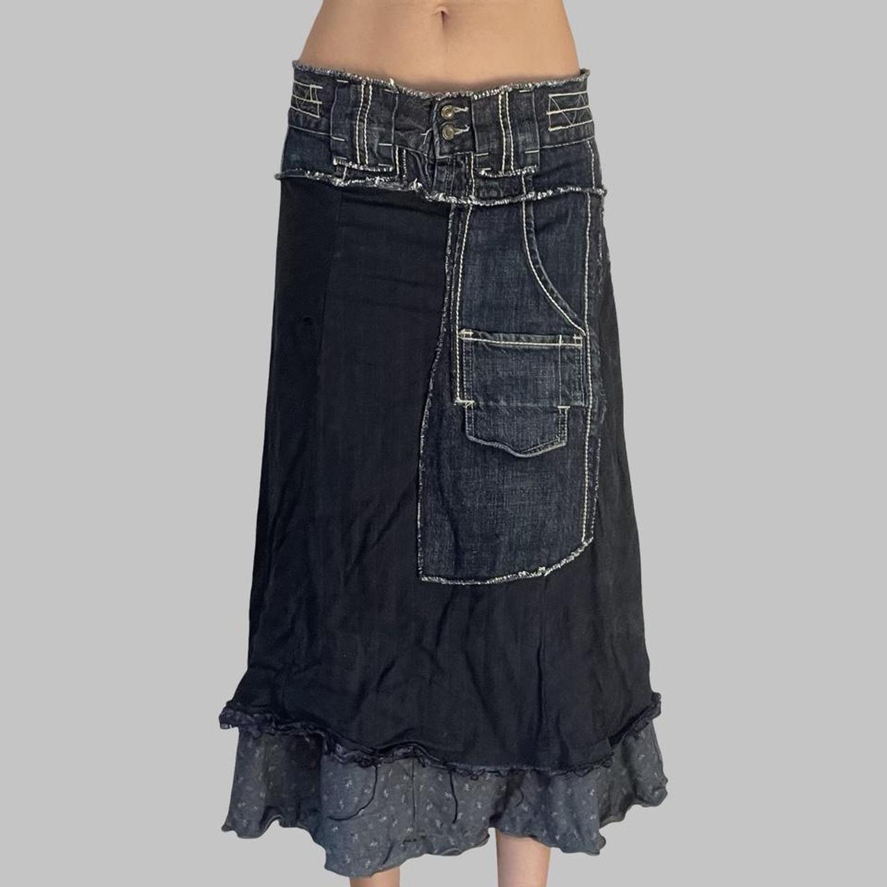 Italian bi-material denim midi skirt.