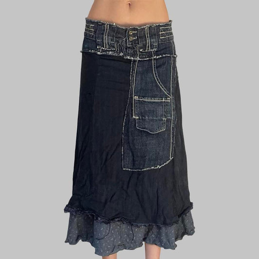 Italian bi-material denim midi skirt.