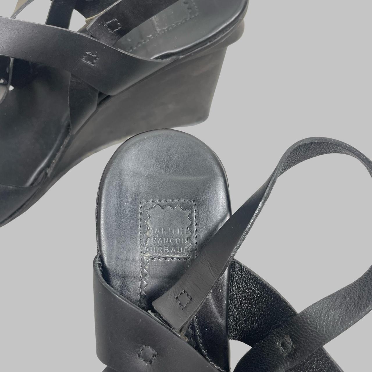 Marithé + François Girbaud black leather wooden wedge sandals.