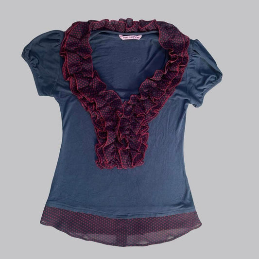 Italian blue and burgundy polka dot ruffle top.