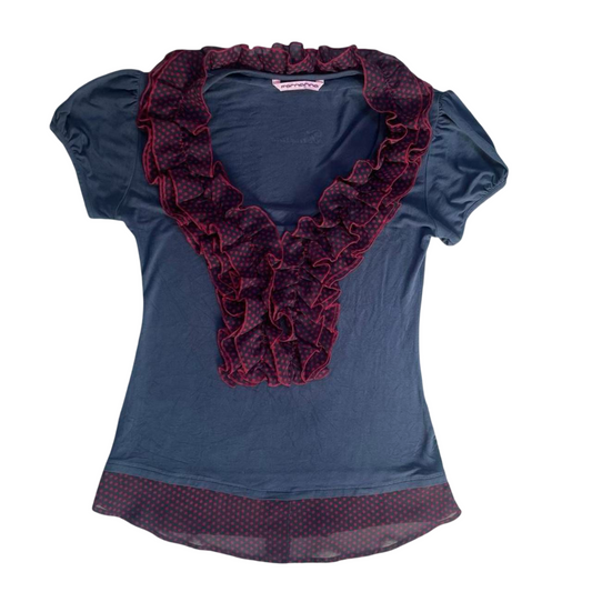 Italian blue and burgundy polka dot ruffle top.