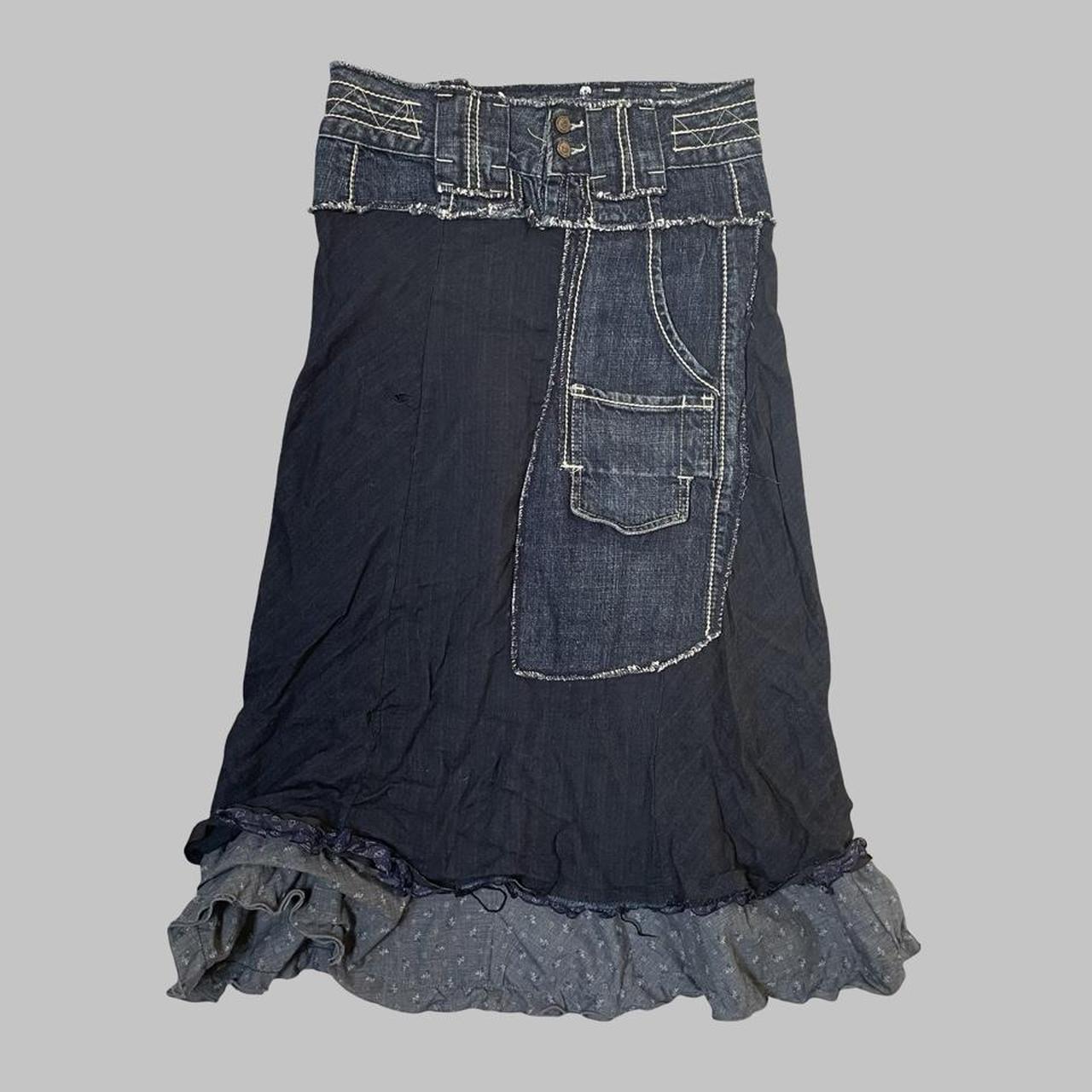 Italian bi-material denim midi skirt.