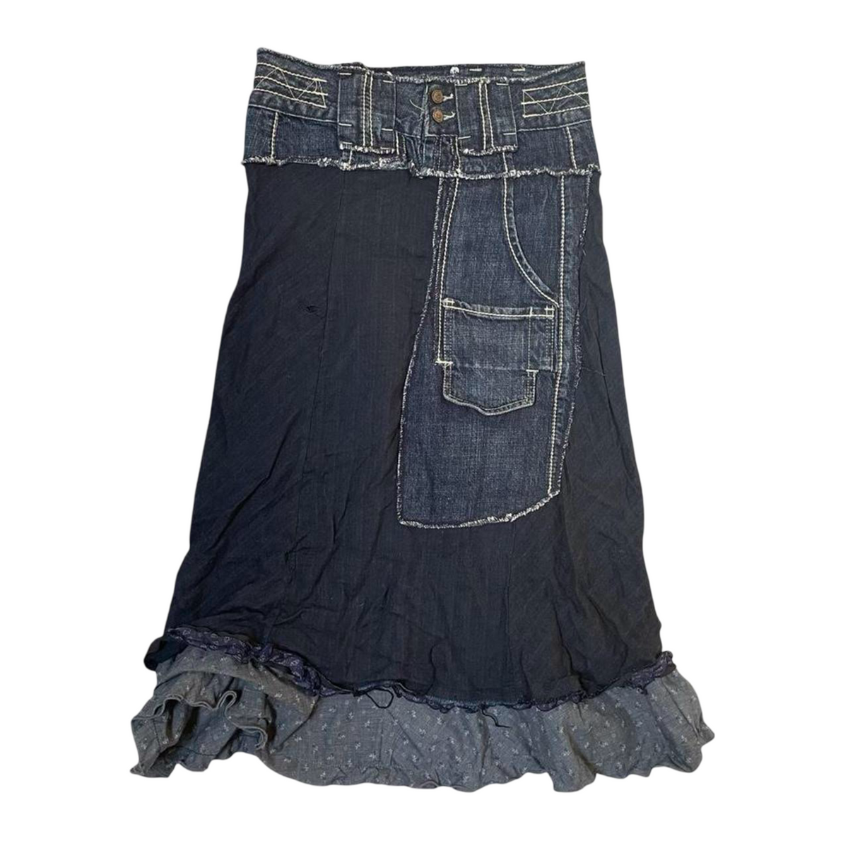 Italian bi-material denim midi skirt.
