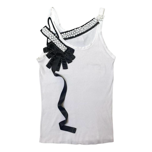 Italian white tank top with ribbons and pearls.