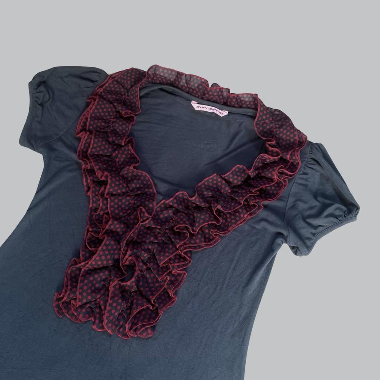 Italian blue and burgundy polka dot ruffle top.