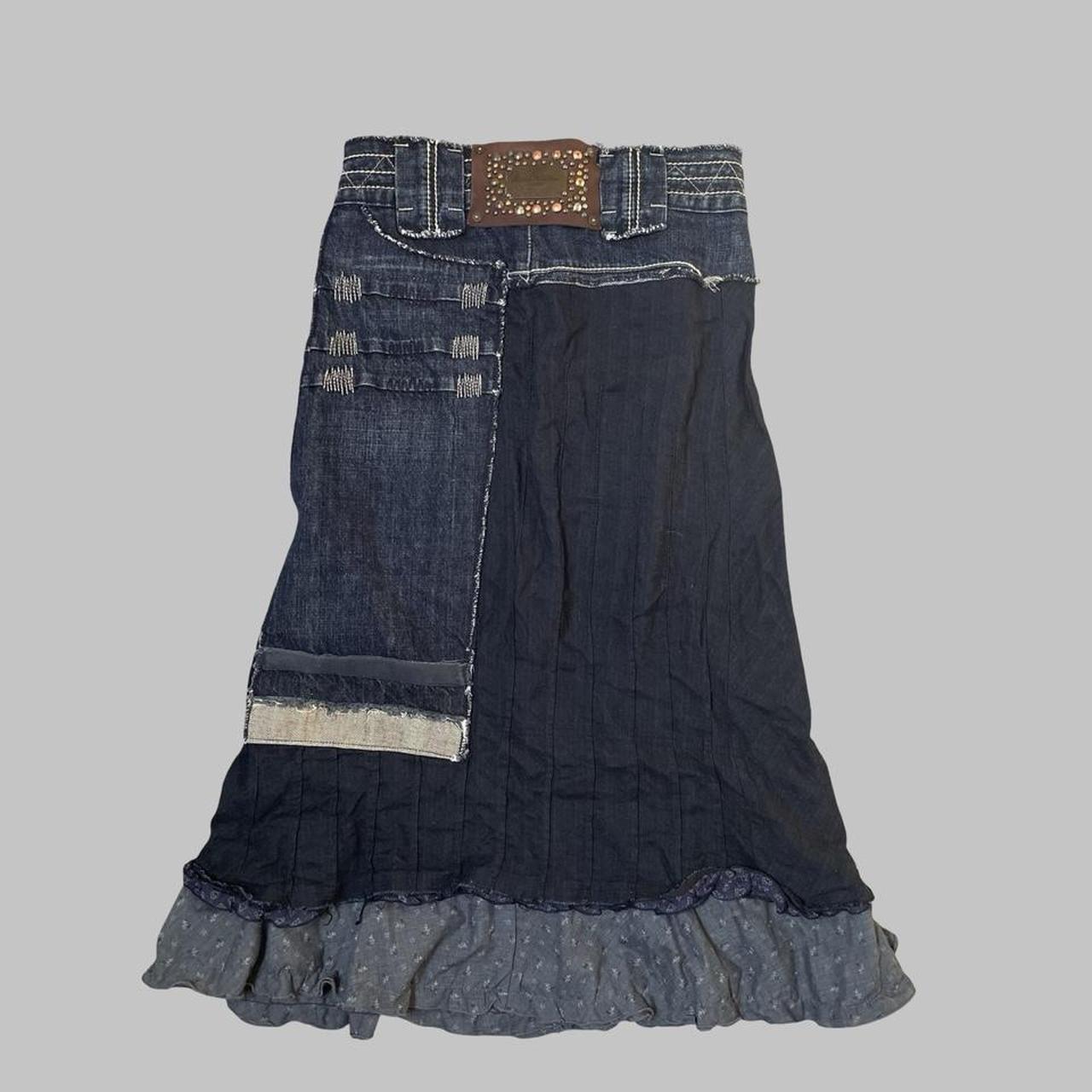Italian bi-material denim midi skirt.