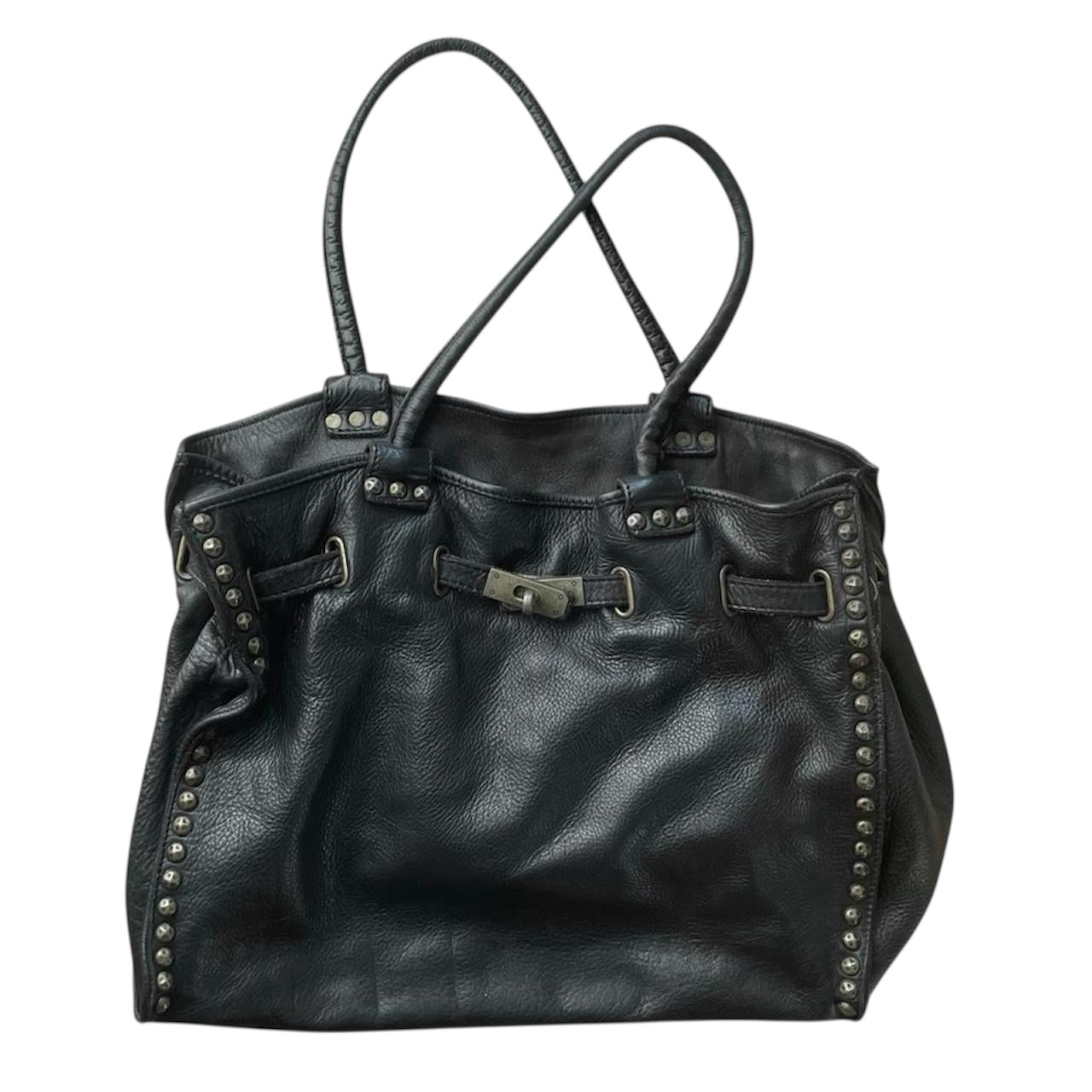 SOLD - Black (large) leather firkin bag with studs.