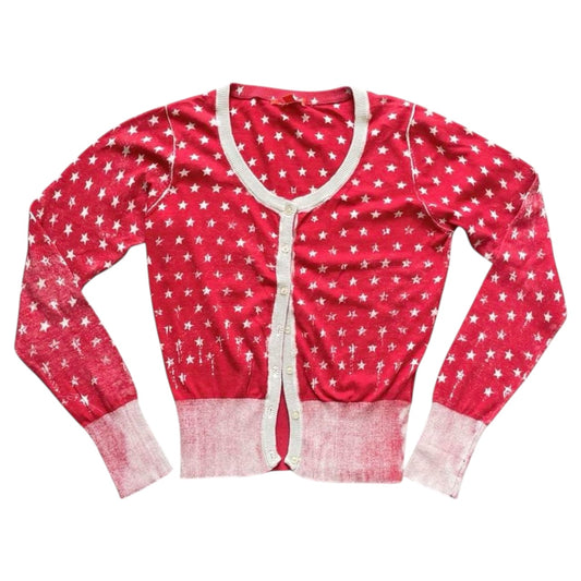 Red and white cardigan.