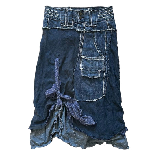 Italian bi-material denim midi skirt.