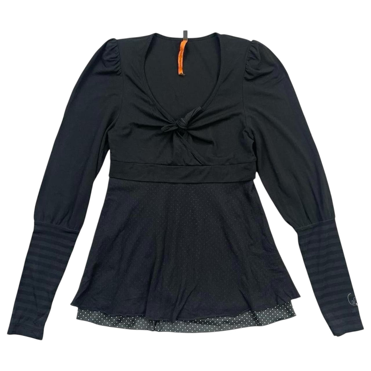 Cop copine black top with striped sleeves.
