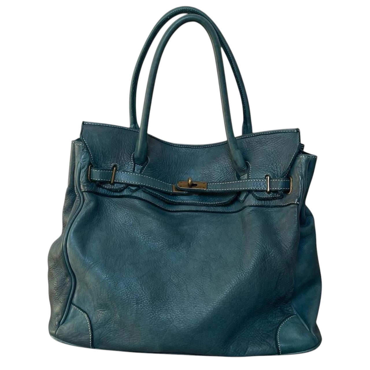 SOLD - Large blue leather Firkin bag.